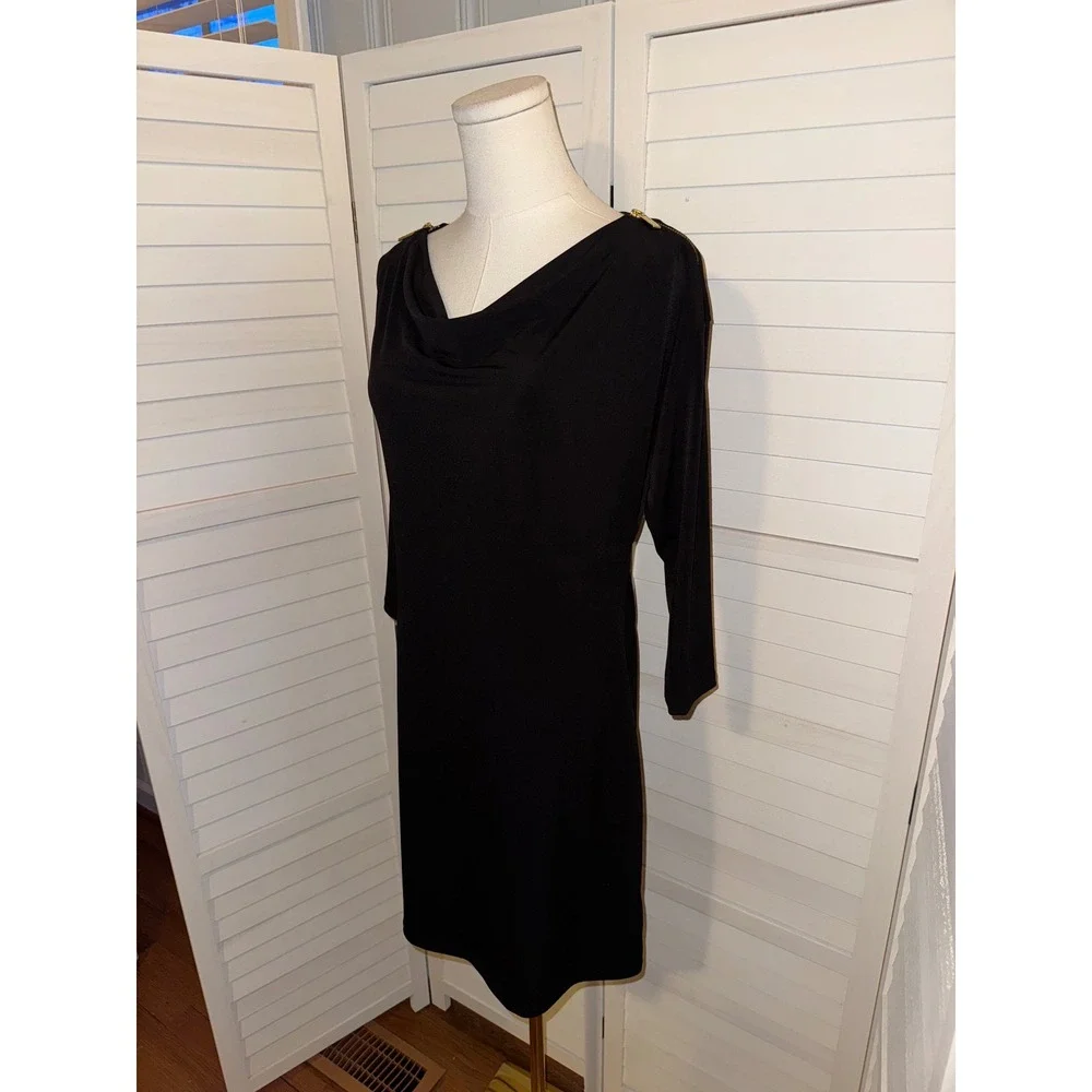 MICHAEL KORS Black Cowl Neck 3/4 Sleeve Sheath Dress Gold Zipper Detail XS